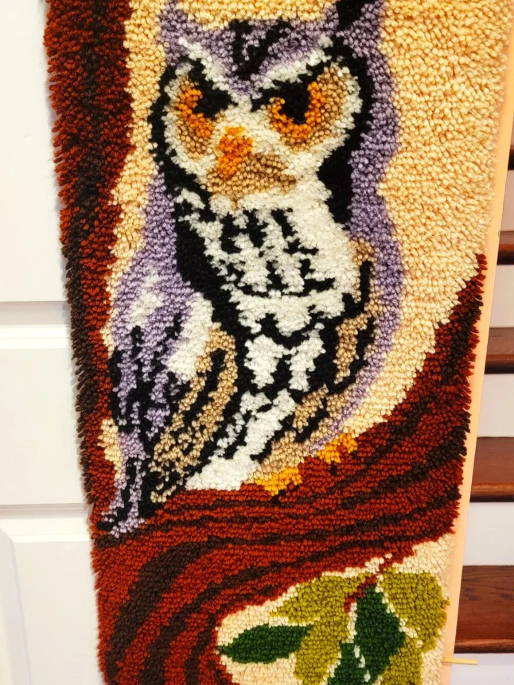 1970s Retro Big Gray Owl Resting on a Tree Hand Made Hook & Latch Wall Hanging